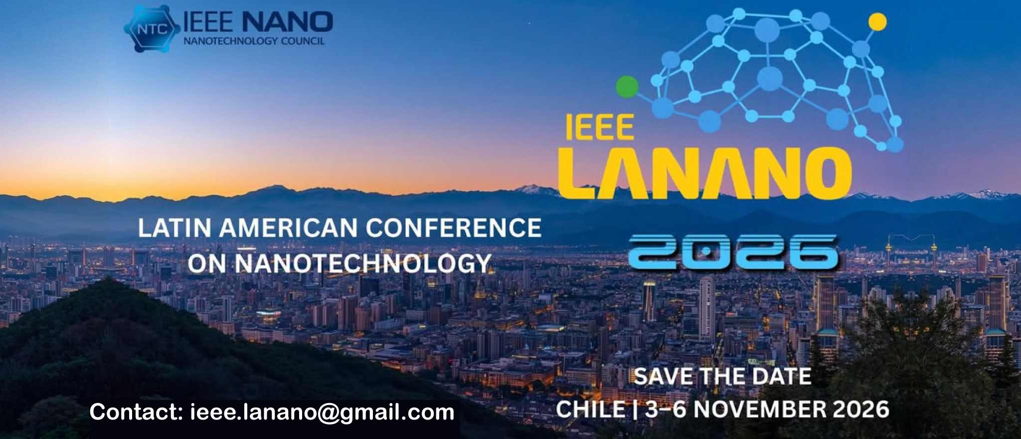 Banner oficial de IEEE-LANANO 2026: Latin American Conference on Nanotechnology, Chile, del 3 al 6 de noviembre.